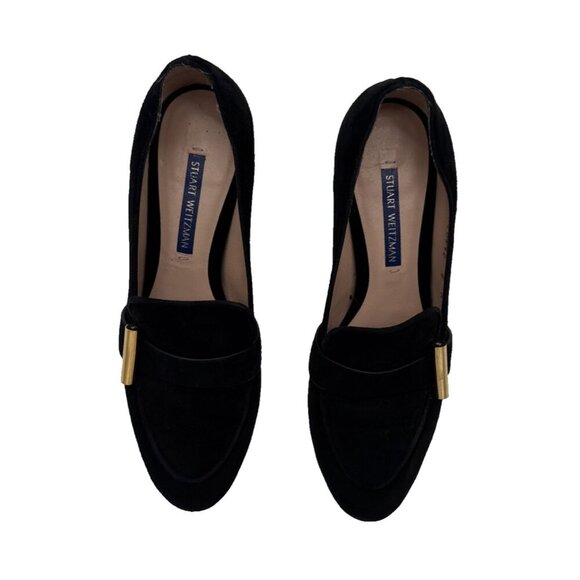 Stuart Weitzman Women The Preston Cylinder Pump Loafer Size 6 M black Suede Heel - Picture 13 of 16